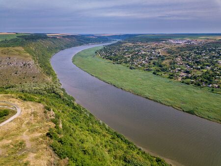Arial view over the river and small village. Moldova Republic of.の写真素材