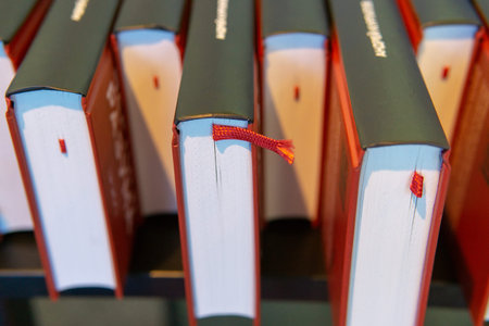 book row on a shelf close-upの写真素材