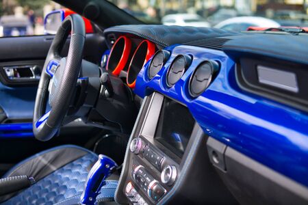View of the interior of a modern automobile showing the dashboard. Tuning. Supercar. Karbon. Europe. Car. Salonの写真素材
