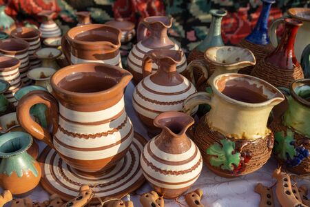 The fair of folk craftsmen of pottery. Handmade clay potsの写真素材