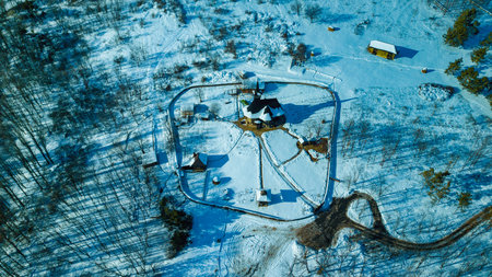 top view of a old wooden church in Kishinev, republic of Moldova. Winter landscape whit wooden churchの写真素材