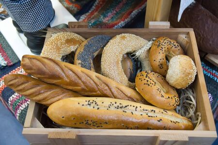 Traditional rustic homemade bread on a street trading standの写真素材