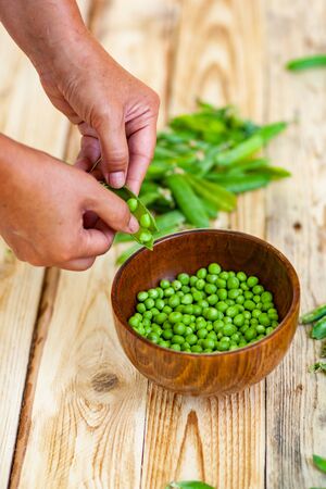closeup of woman hand depod green peas in brown dish, on wooden table.の写真素材