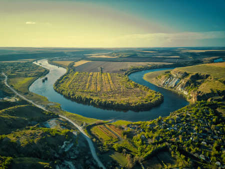 Magestic sunset over river. Autumn landscape. Dniester river, Moldova.の写真素材