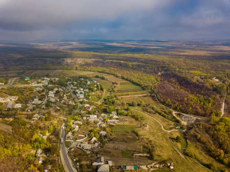 AERIAL Small village in the fog Moldova republic of.の写真素材