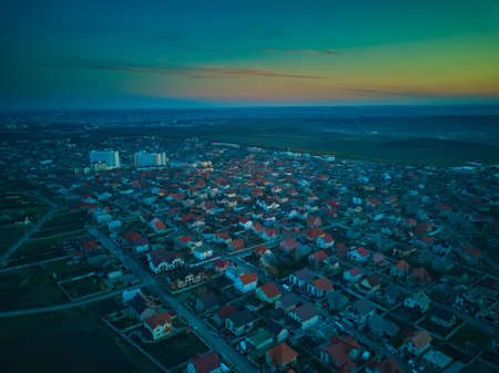 Aerial view of a small town in sunset.の写真素材