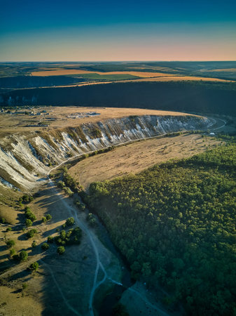 Aerial drone view of dramatic Old Orhei cliffs and plains near Trebijeni village, Moldova