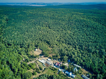 Aerial view of Landscape with lake about Thiganesty Monastery, Moldova republic of.