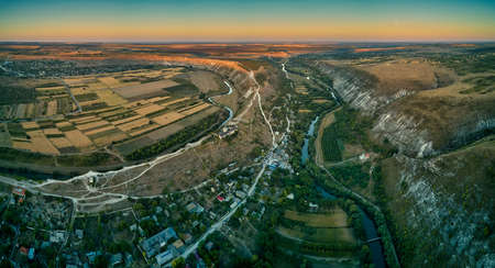 Aerial view of a Butuceni village. Old Orhei is a historical and archaeological complex in the eponymous natural and cultural reserve of Republic of Moldova.の写真素材