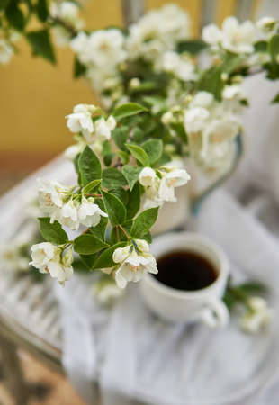 Jasmine flowers in a white vase. Stillife with jasmine and cup of coffee.の写真素材