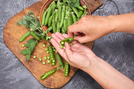 Woman hands hulled peas from the shell.