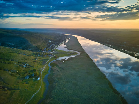 Beautiful view over the river on a sunrise. Outdoor recreation. Dniester panorama.