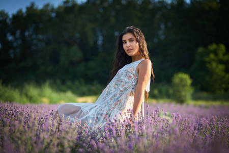 Beautiful girl in a white sarafan sits on a wooden chair and poses in the middle of a lavender field.の写真素材