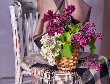 Lillac bouquet in vase on Vintage wooden chairの写真素材