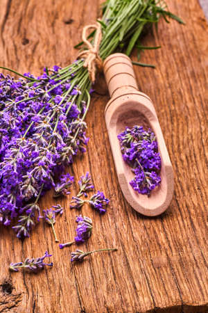 Bunch of Lavender flowers on wooden boardの写真素材