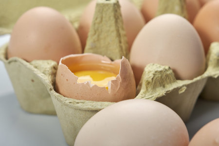 Close-up of eggs in cartoon on white background. Raw chicken eggs in egg box organic food for good...