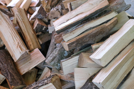 Small brown chopped firewood with gray bark pile lies