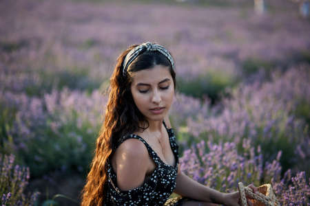 Woman with a basket in a lavender fieldの写真素材