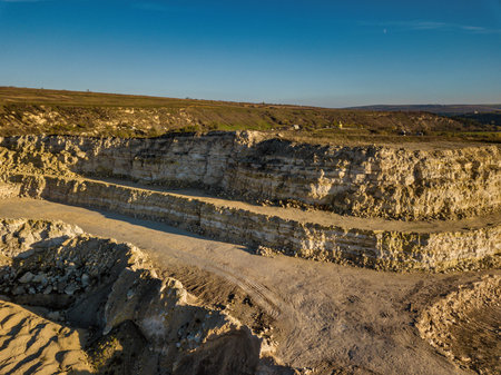Stone Quarry Aerial. Heavy machinery working at stone qaurry.
