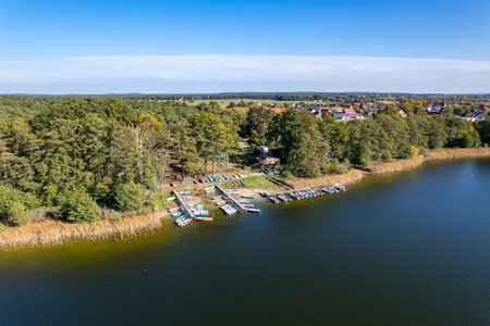 Drone footage of a pier with boats lined up in Lake. germany.の写真素材