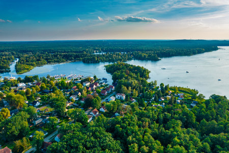 AerialView of lake and national park Muggelsee in Germanyの写真素材