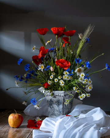 Still life with red poppies and wildflowersの写真素材