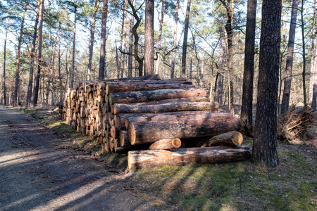 Logs from felled trees as wood piles in the forestの写真素材