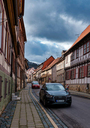 22 october 2021. Bleicherode, Germany: View of old town in Europe in beautiful evening light at sunset. germany.のeditorial素材