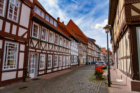 Wernigerode, Germany - 08/17/2023: The beautiful fairytale Wernigerode and its picturesque colorful half-timbered houses. Medieval street with half-timbered houses.のeditorial素材