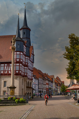 Lower Saxony, Germany, 08-25-2023: Historisches Rathaus in Duderstadt. Tipical historic german architecture.のeditorial素材