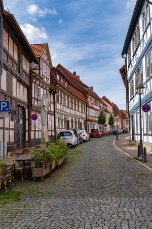 Lower Saxony, Germany, 08-25-2023: Historic downtown in Duderstadt. Tipical historic german architecture.のeditorial素材