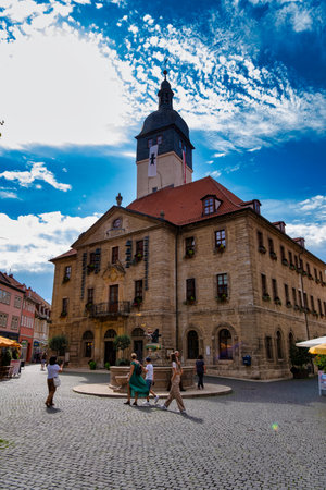 Bad Langensalza, Germany - September 20. 2023: Rathaus Neumarkt, famous historic buildings at the old town of Bad Langensalza. Thuringen, Germany.のeditorial素材