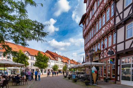 Lower Saxony, Germany, 08-25-2023: Historic downtown in Duderstadt. Tipical historic german...