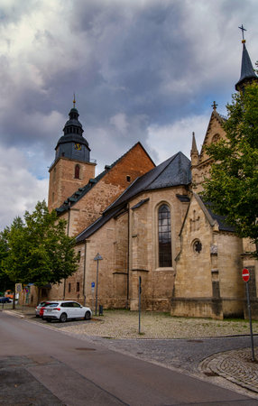 Sonderhausen, Thuringen, Germany. 11.06.2023: Old german gothic town near Erfurt. The street in small german city. Typical german architecture. Thuringen, Germany.のeditorial素材
