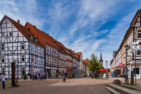 Lower Saxony, Germany, 08-25-2023: Historic downtown in Duderstadt. Tipical historic german arhitecture.のeditorial素材