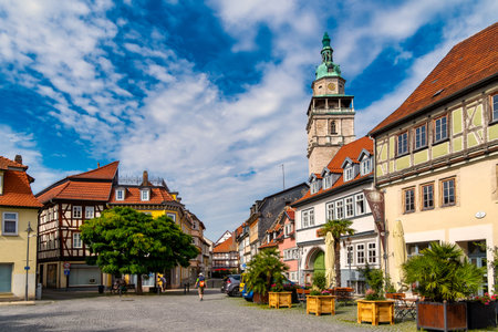 Bad Langensalza, Germany - September 20. 2023: famous historic buildings at the old town of Bad Langensalza. Thuringen, Germany.のeditorial素材