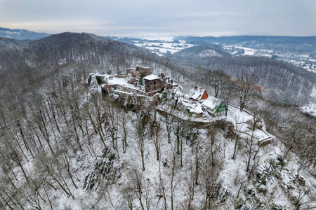 Aerial view ruins of old castle. Winter. Ruin of Hohnstein Castle, Harz mountains, Germany.の写真素材