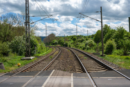 Railway outdoors on beautiful summer day. Industrial landscape with rails and railway.の写真素材