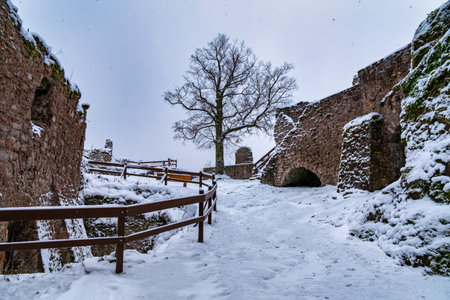 A castle with a snow covered roof and a steeple. The castle is surrounded by a snowy landscape.の写真素材