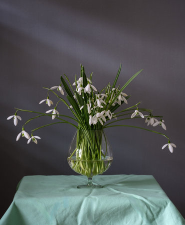A Beautiful Arrangement of Elegant Snowdrops in a Glass Vase