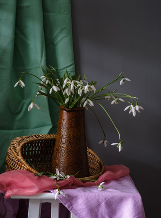 Delicate fresh snowdrop flowers arranged beautifully in a charming ceramic pitcher on vibrant and colorful fabricsの写真素材