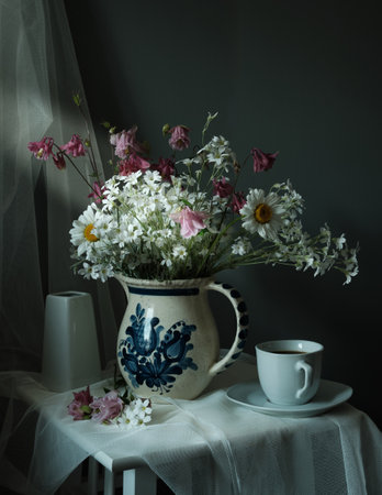 This still life features beautiful white flowers in a vintage pitcher, set against a textured backgroundの写真素材