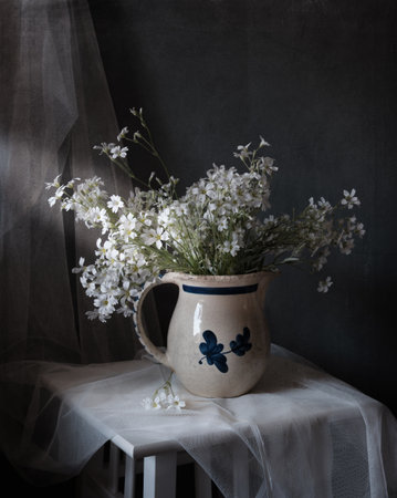 Delicate White Flowers Arranged in a Vintage Pitcher Sitting on a Charming Rustic Tableの写真素材
