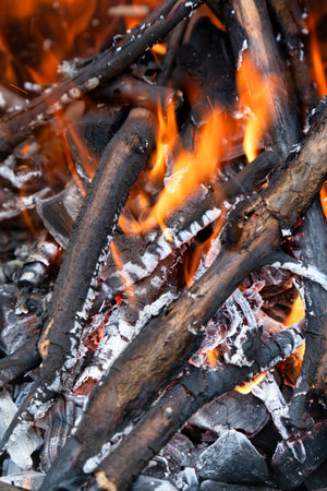 Fireplace burning wood logs, glowing embers, cozy warmth, relaxing atmosphereの写真素材