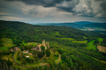Stunning Aerial View of a Magnificent Ancient Castle Enveloped by Verdant Lush Landscapes. Hanstein castle, Germany.の写真素材