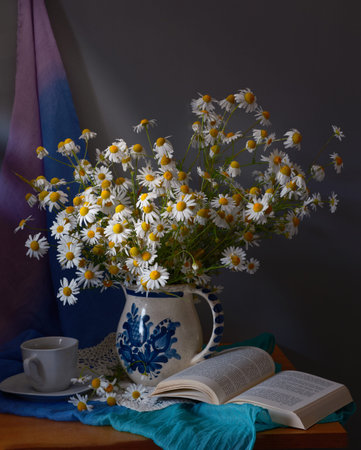 A cheerful collection of daisies in a vintage jug, with an open book, creating a charming sceneの写真素材