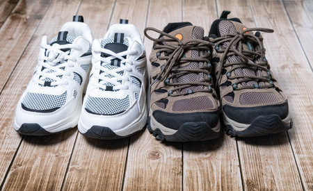 Shoes for travel, arranged shoes illustrating choice between urban daily wear and outdoor...