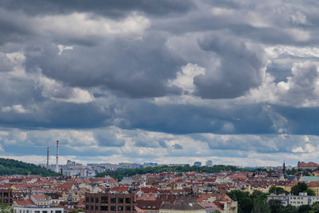 Breathtaking panoramic view of Prague, showcasing its historic city center with iconic buildings,...