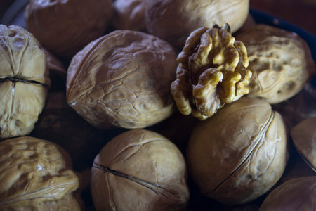 Walnuts close up, not peeled walnuts.
