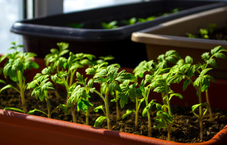Early seedling , grown from seeds in boxes at home on the windowsill. seedlings in peat pots.Baby...
